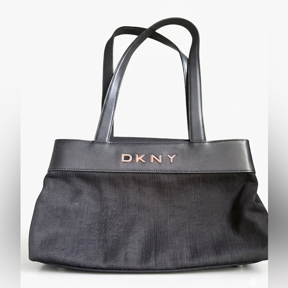 Vintage DKNY black denim, light material, and leather handbag
